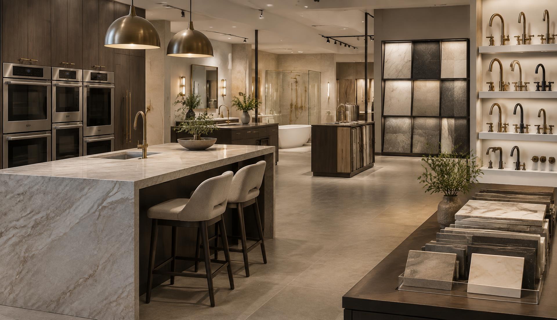 Showroom com ambientes de cozinha e banho montados